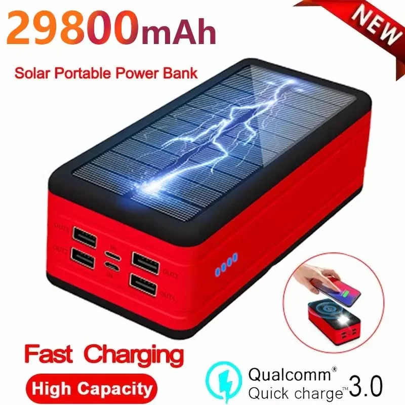 

2023NEW Solar 29800 MAh Power Bank Wireless Charger Portable Fast Charging with Camping Light Emergency SOS External Battery