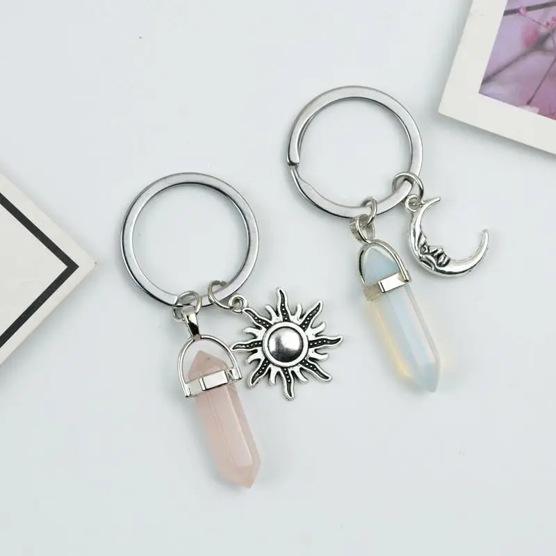 

Hot selling hexagonal column quartz keychain accessories moon sun natural stone keychain key ring jewelry pendant small gift