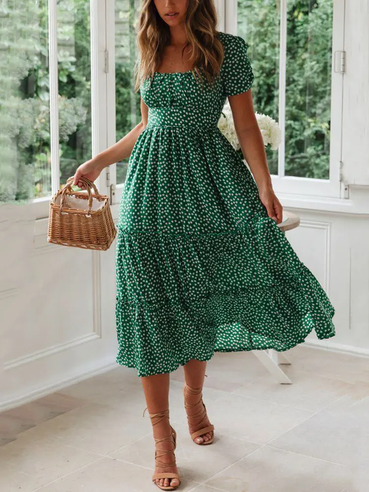 

Женское пляжное платье миди с квадратным вырезом и рукавами-фонариками