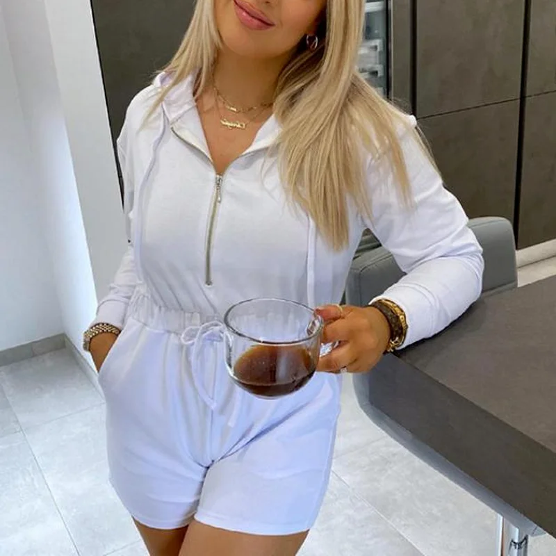 Elegant Ladies Jumpsuit Autumn Sweater Ladies Hooded Zipper Waist Jumpsuit Slimming Strappy Hip white jumpsuits for women