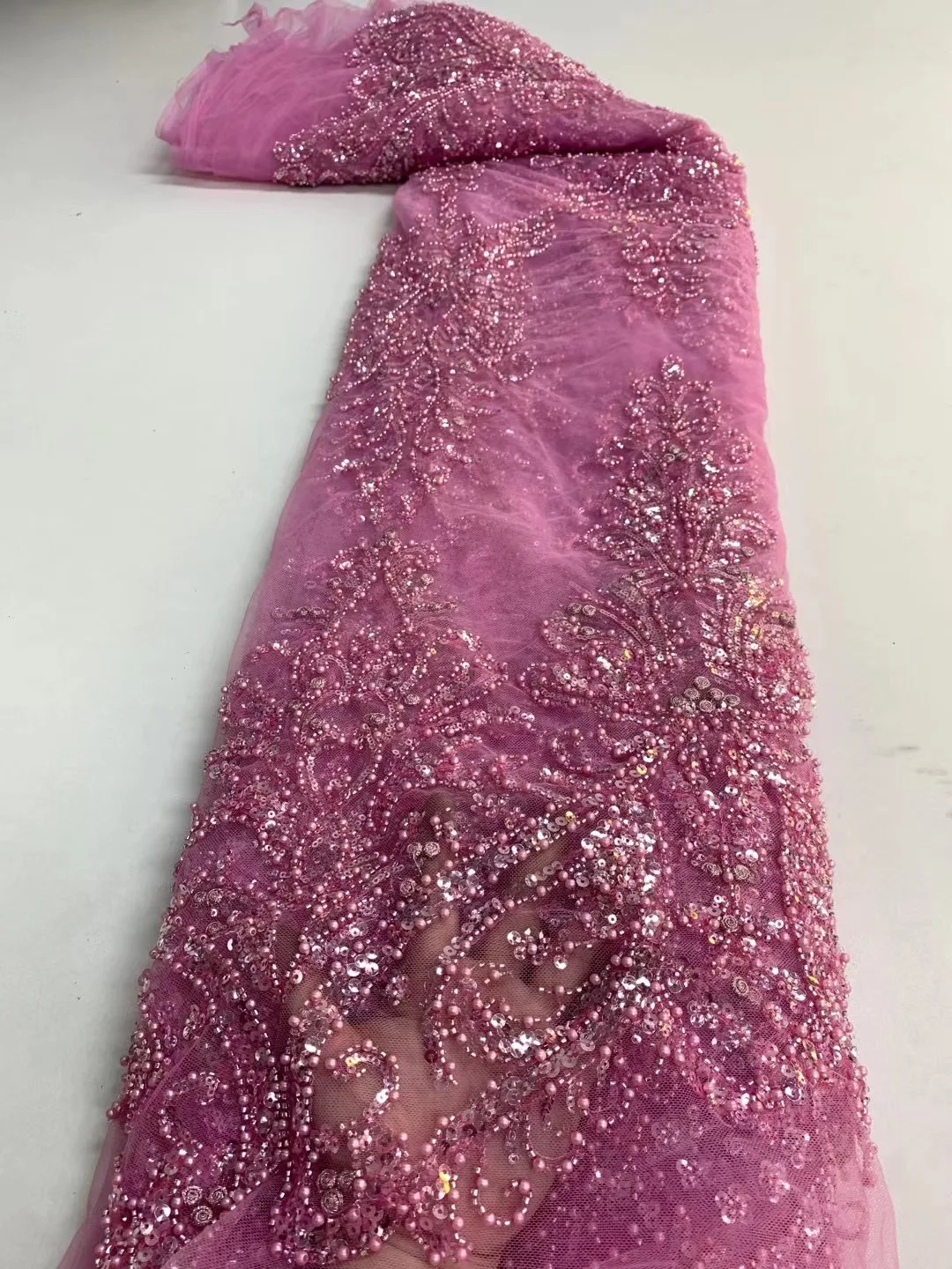

Pink Nigerian Handmade Sequins Mesh Lace Fabrics Africa 2022 High Quality Luxury Bead Tulle Lace For Wedding Evening Dress Sew