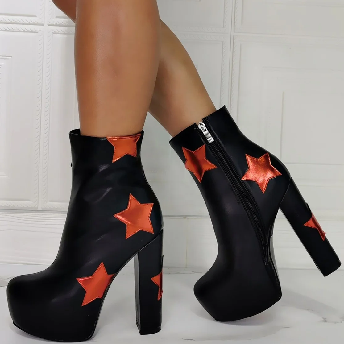 High Chunky Heel Platform Contrast Color Fire Print Women Winter Ankle Boots Customized Big Size 47