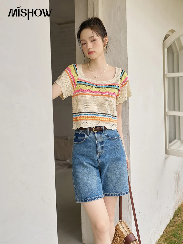 MISHOW Denim Shorts for Women 2023 Summer High Waist Slim Pockets Wide Leg Casual Loose Female Short Pants Streetwear MXC33K0020