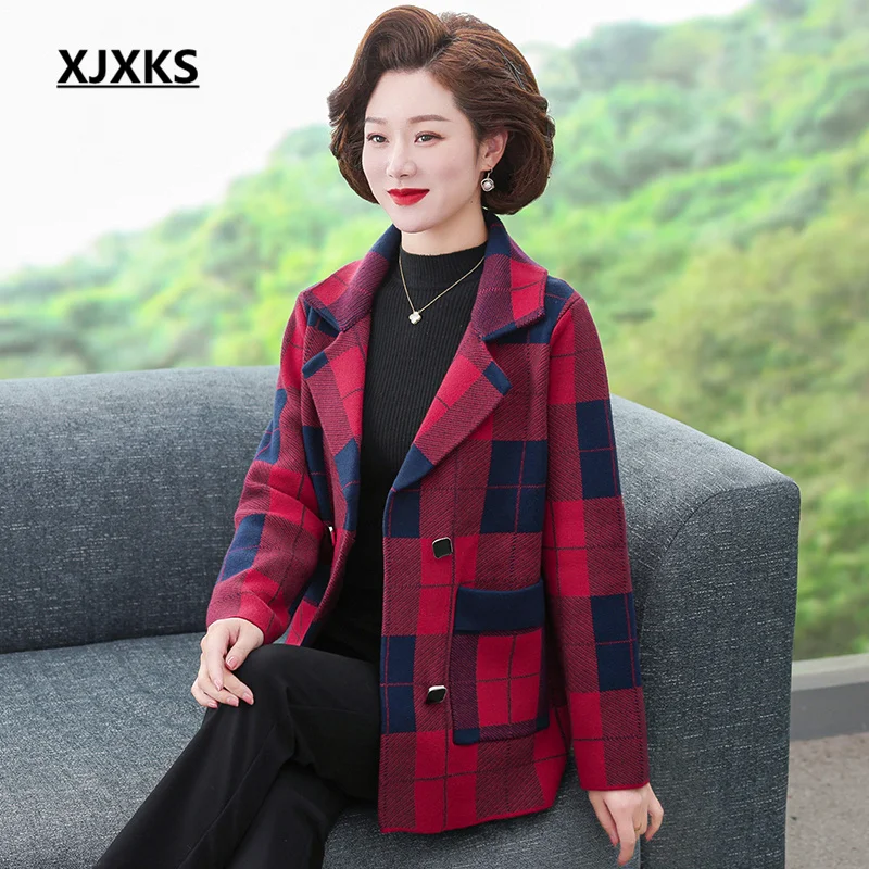 

XJXKS, новинка осень-зима 2022, модное клетчатое женское твидовое пальто с отложным воротником, Высококачественная Женская куртка с карманами, красного цвета на Рождество