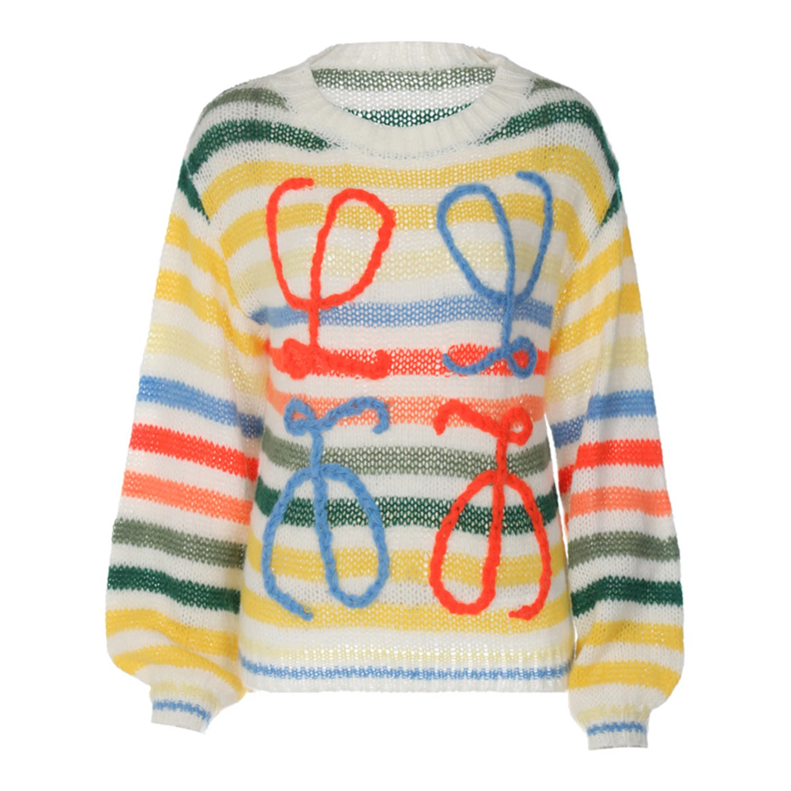 

YtrKiasy Knitted Rainbow Sweater Women Fashion Stripes Contrast Round Neck Pullover Sweater Casual Loose Cute Jumper top