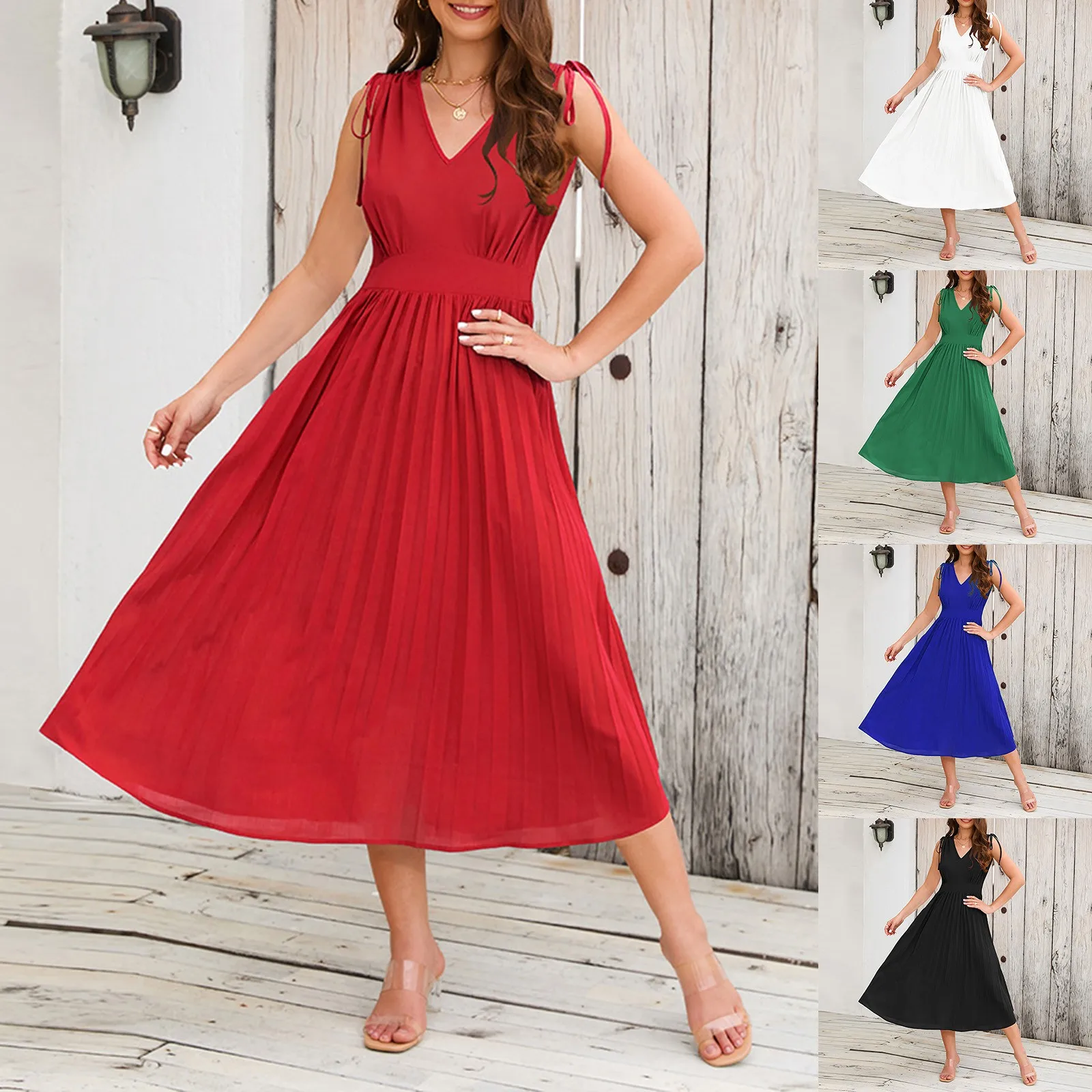 

Женские летние 2023 Новые однотонные льняные платья с v-образным вырезом и средней талией на шнуровке без рукавов для женщин платья для женщин...