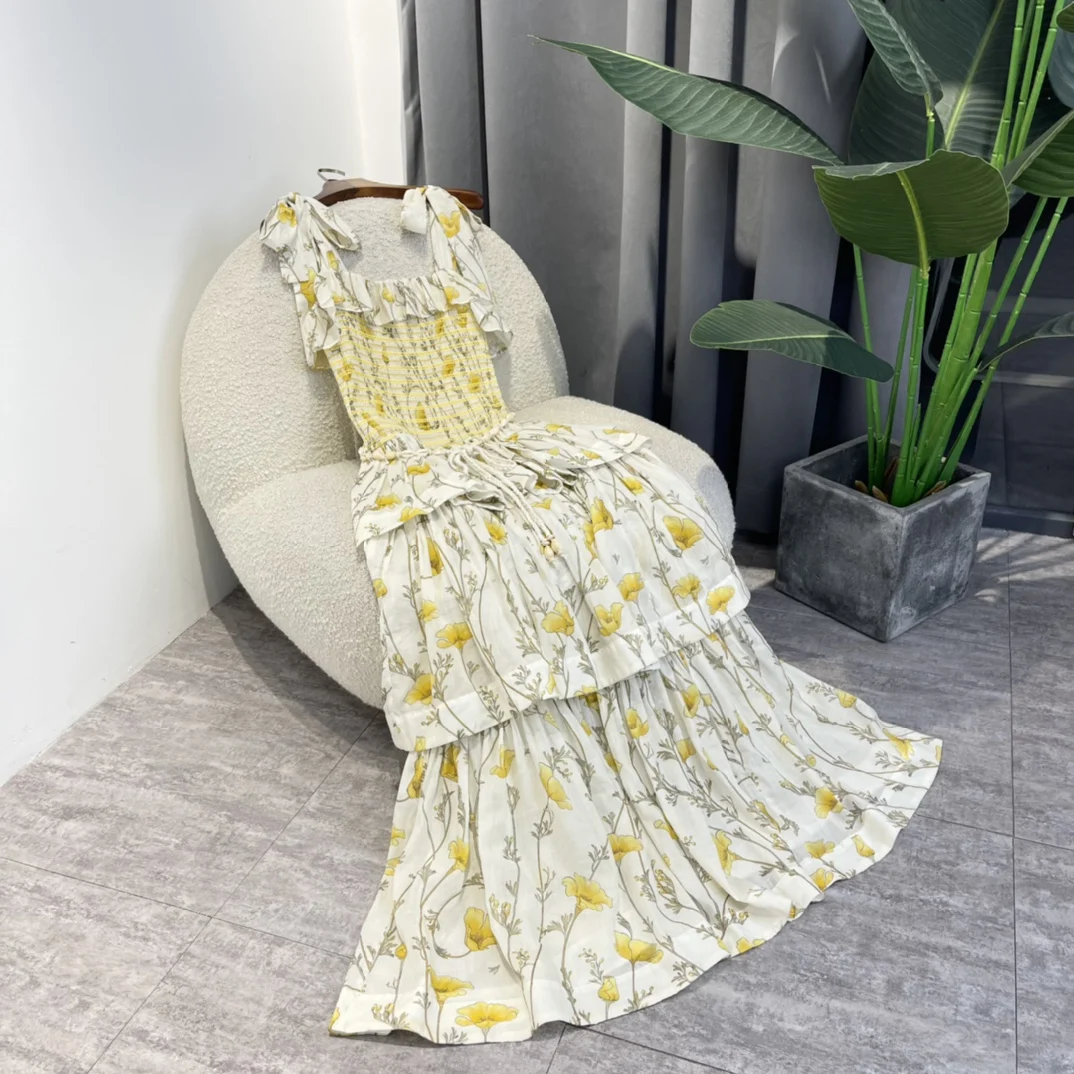 

Beach Wear 2022 New Summer Yellow Floral Print White Self-tie Shoulder Bust Shirred Sleeveless Midi Dresses Women for Holiday