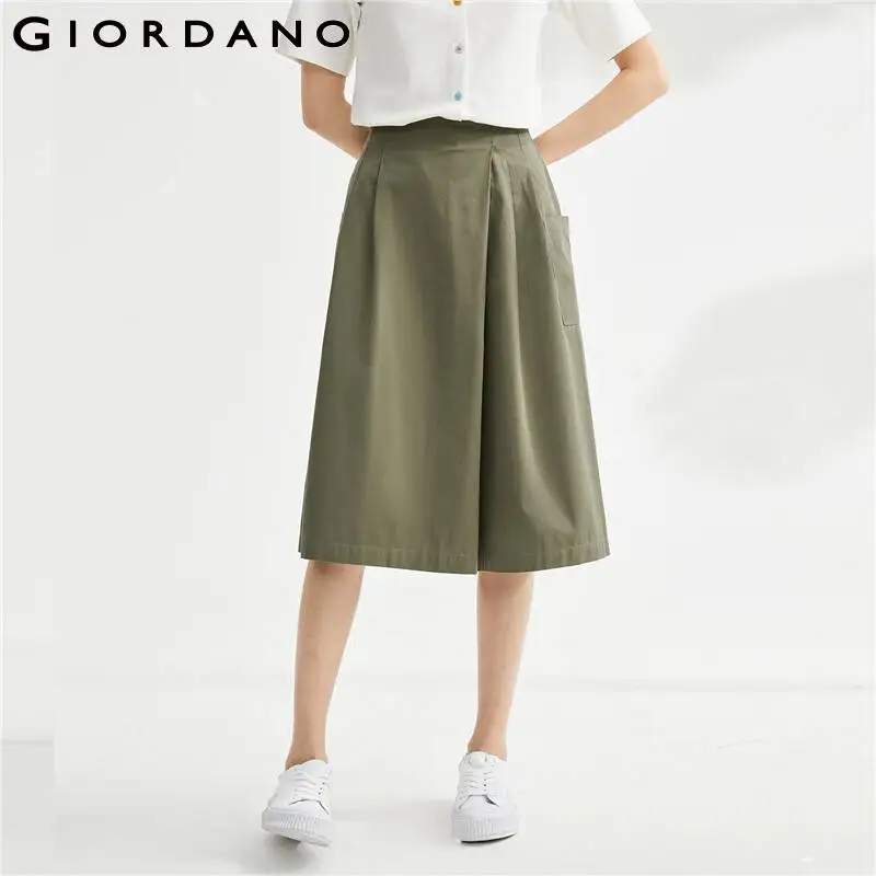 

GIORDANO Women Pants Half Elastic Waist Lightweight Cotton Skirt Pants Wide Leg Pleated Big Pockets Casual Crop Pants 05423064