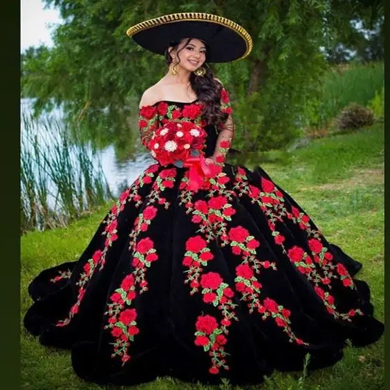 

Cinderella Mexican Charro Quinceanera Dresses Black Rose Floral Long Sleeve Off Shoulder Corset Prom Sweet 15 Gown