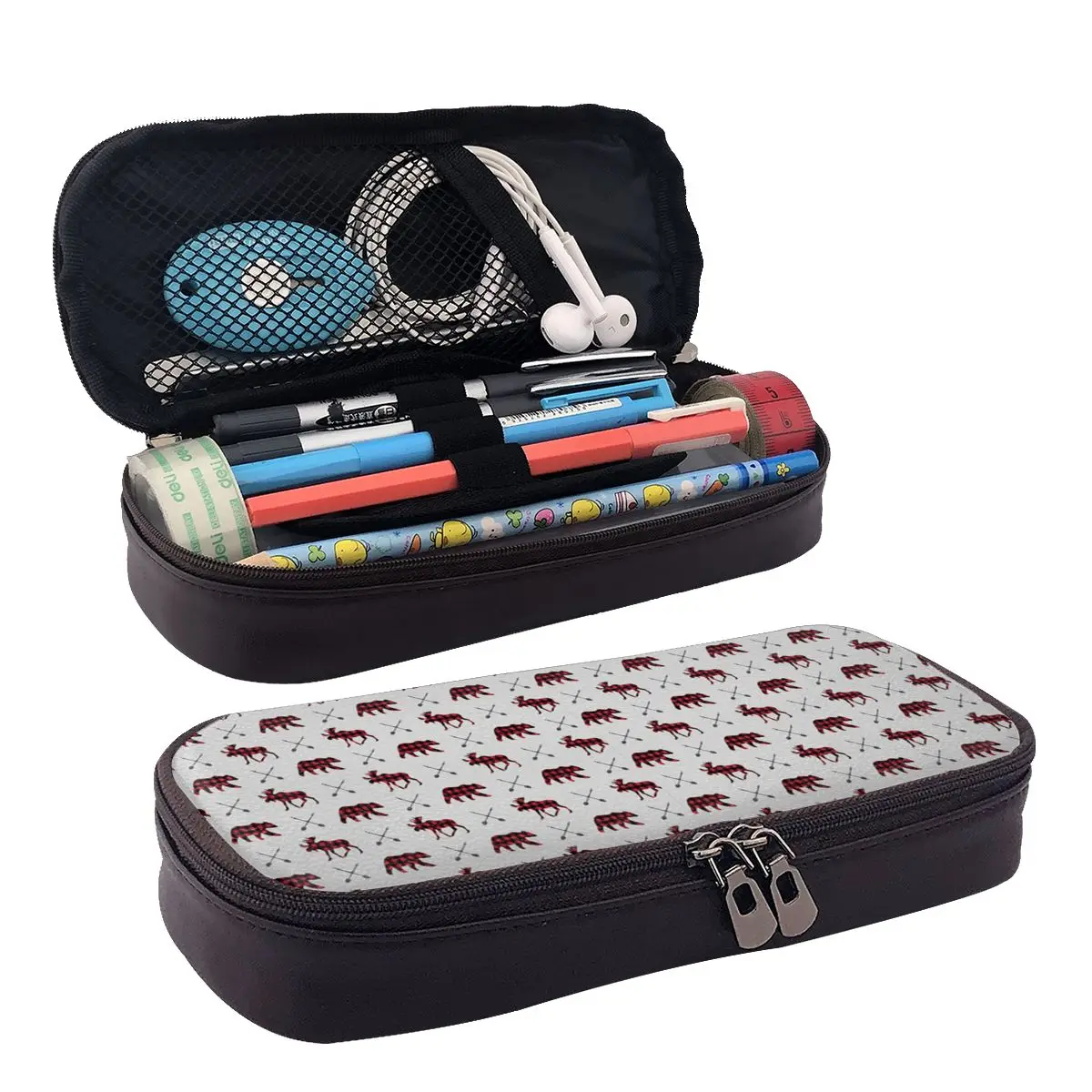 

Buffalo Plaid Mosse Bear Leather Pencil Case Zipper Pencil Box Stationery Pen Pouch for Boys Girls School Students Work Office