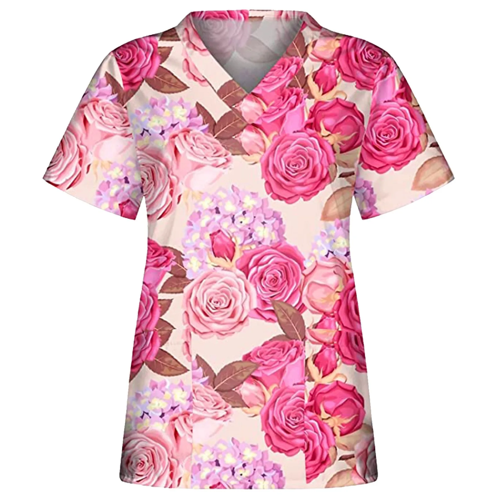 

Floral Print Scrub Tops Women Scrubs Uniform Short Sleeve Ladies Outfit Beauty Salon Valentine's Day Working Healthcare Tunic