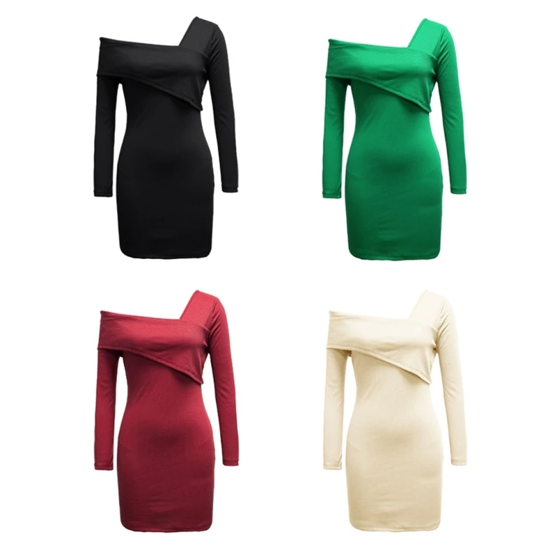 

2023 New Women's Elegant Off Shoulder Long Sleeves Bodycon Sweater Dress Sexy V Neck Wrap Slim Pencil Dress Cocktail Party Dress