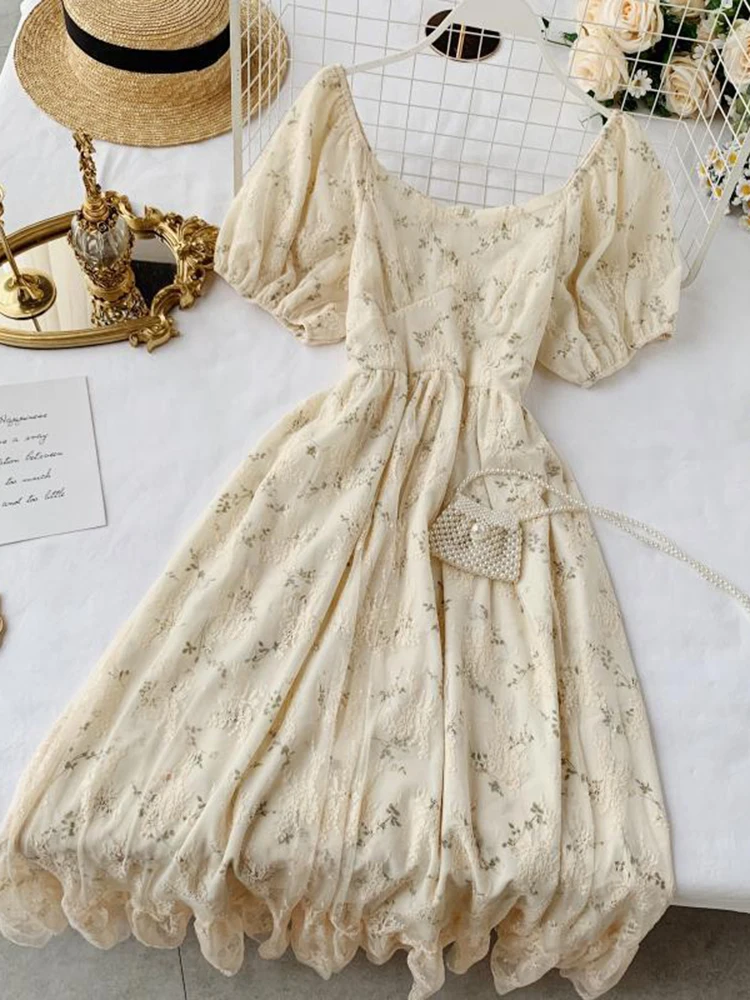 

ZOKI Luxury Summer Fairy Dress Women French Style Retro Chiffon Lace Dress Puff Sleeve Elegant Floral Print Party Dress New