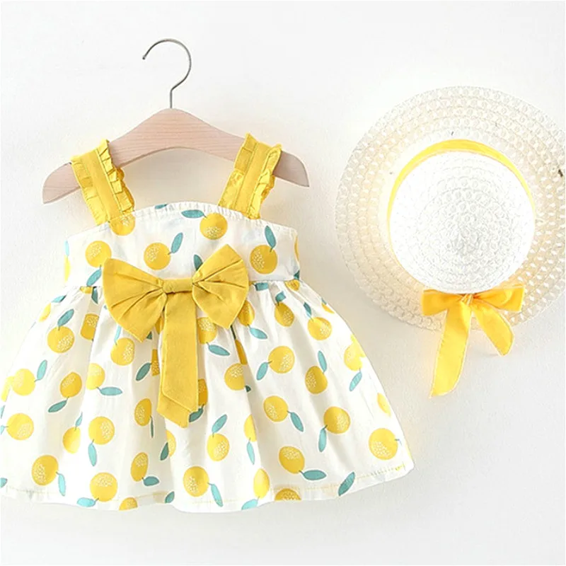 

Baby Girls Dresses with Hat 2pcs Clothes Sets Kids Clothes Baby Sleeveless Birthday Party Princess Dress Print Dress