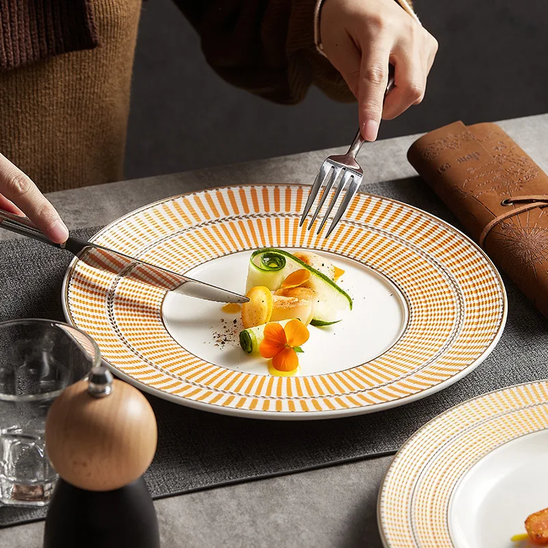 

Creative Line Orange Ceramic Restaurant Set Hotel Home Plate Beef Steak Pork Chop Spaghetti Salad Western Food Plate