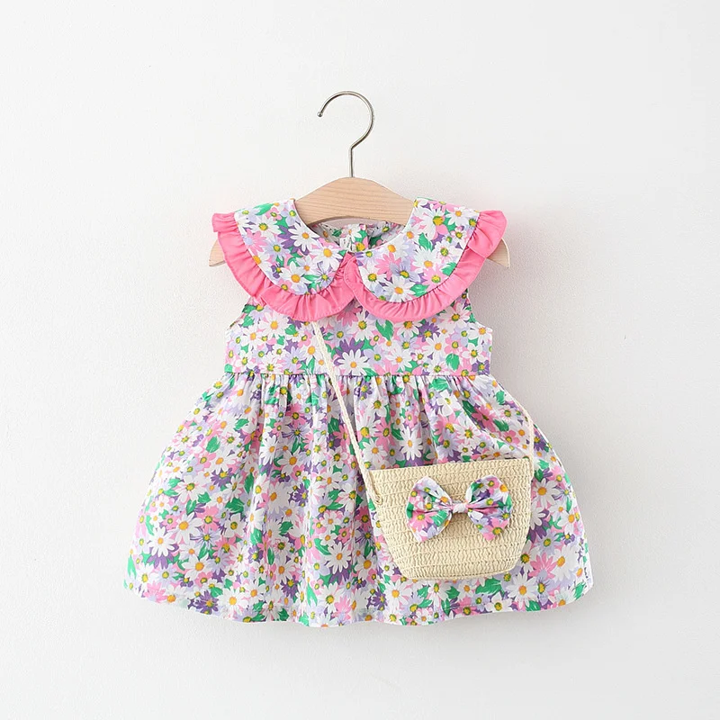 

summer short sleeve kids princess dress for girl fairy skirt cheap costume Lapel flower with wear