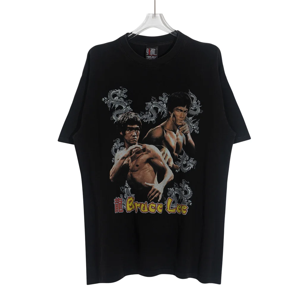 

Футболка мужская в стиле ретро, уличная одежда в стиле хип-хоп, с принтом портрета Брюса Ли, с надписью, хлопок, стиль Харадзюку, лето