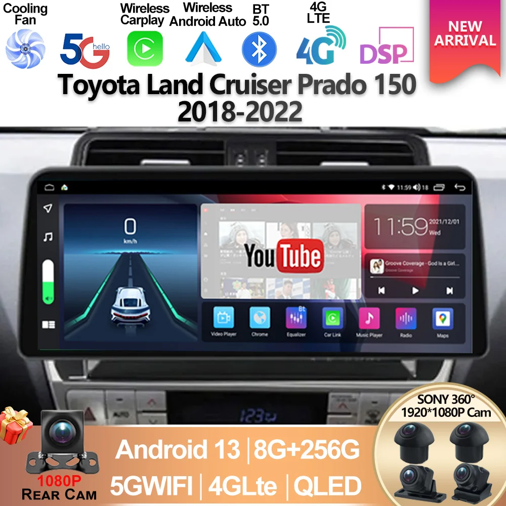 Для Toyota Land Cruiser Prado 150 2018-2022 12 3-дюймовый QLED-экран Android 13 GPS Автомобильный