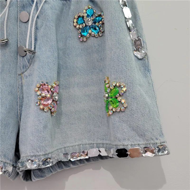 Summer New Heavy Handmade Flower Rhinestone-Embedded Elastic Short Pants High Waist Loose Slimming Denim Wide Leg Shorts
