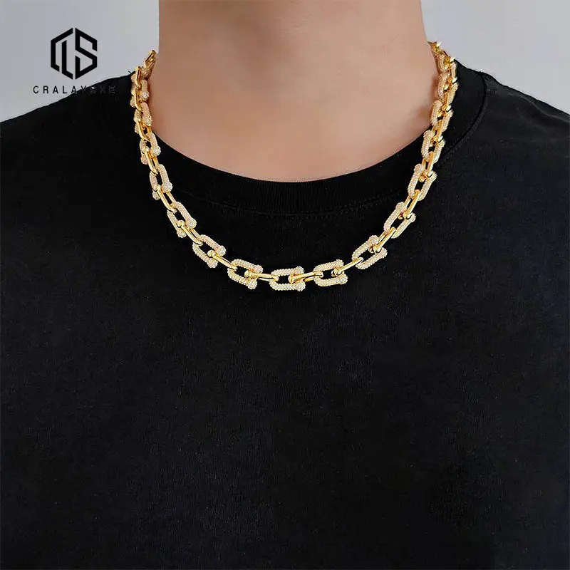 

Fashion Bling Diamond Iced Out Bling 5A CZ Silver Plated U Shaped Link Double Bead Horseshoe Chain Luxury Necklace Men Jewelry