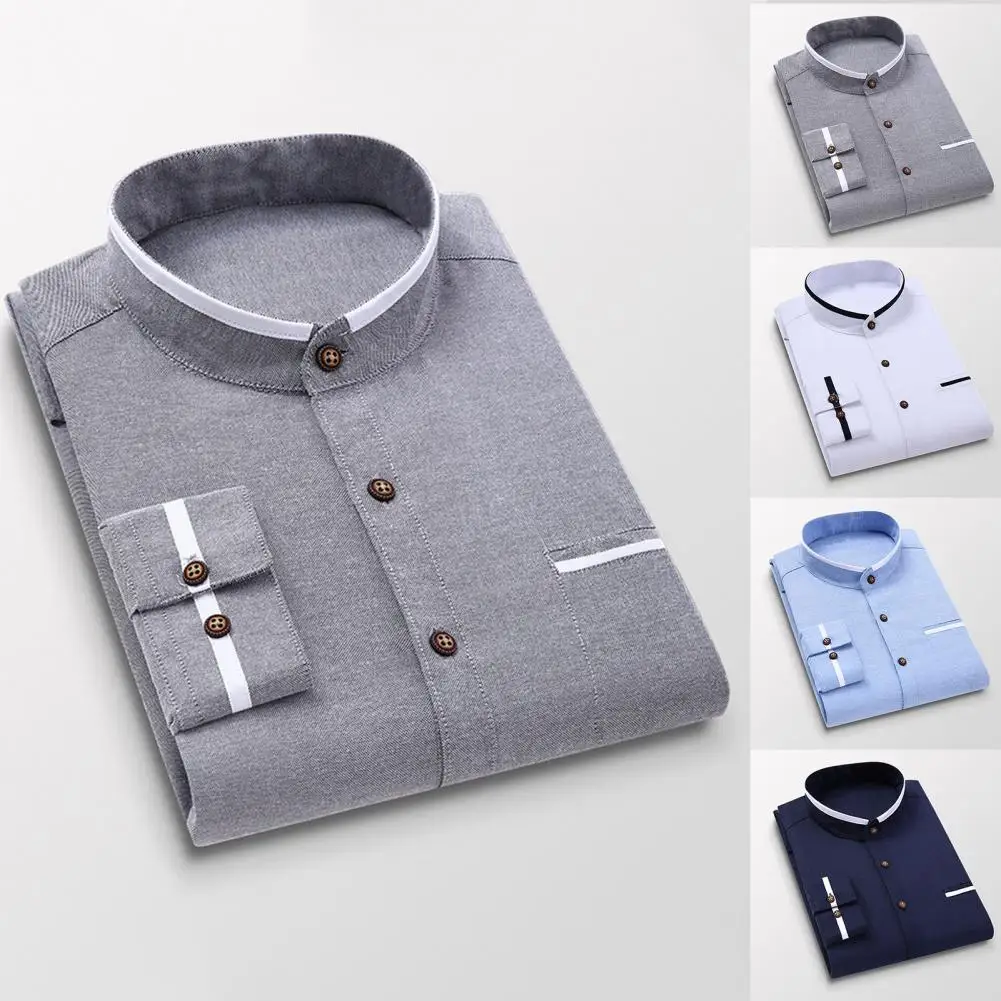 

Men Shirt Contrast Colors Long Sleeve Autumn Shirt Slim Fit Stand Collar Men Top Anti-wrinkle Buttons Formal Shirt For Work