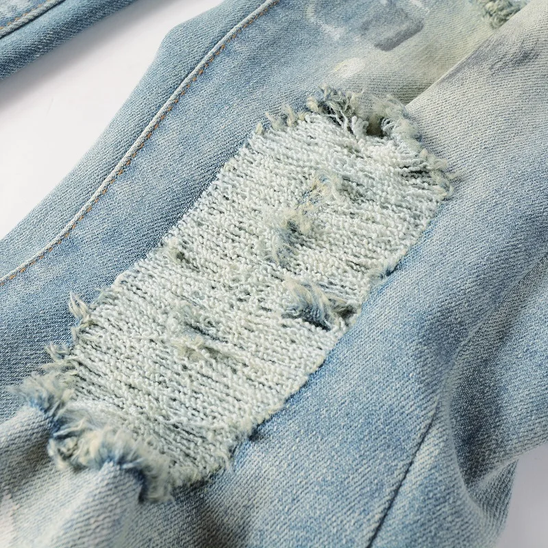 Лидер продаж мужские рваные джинсы с эффектом потертости синие выцветающие