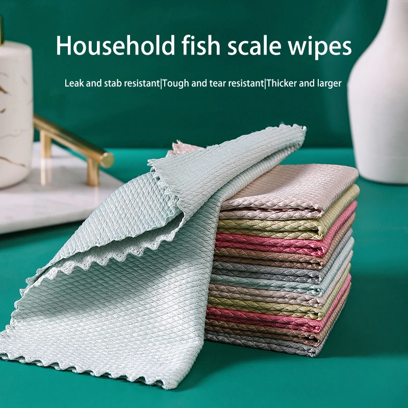 

10Pcs Kitchen Anti-Grease Wiping Rags Efficient Fish Scale Wipe Cloth Cleaning Cloth Home Washing Dish Cleaning Towel