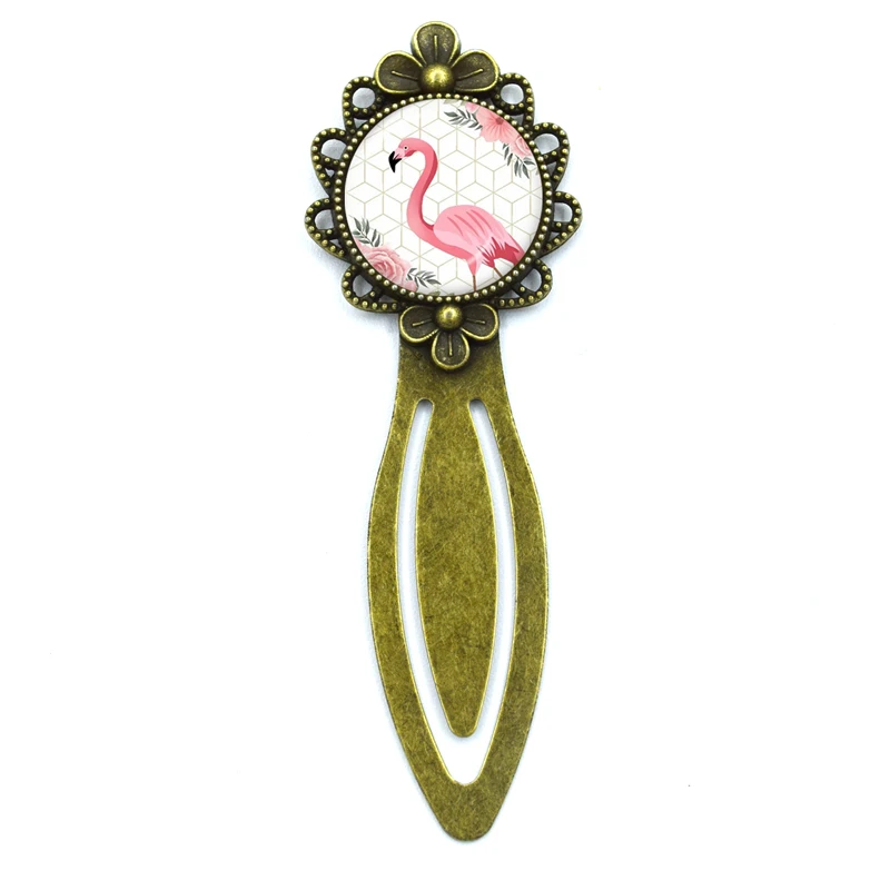 

Cute Pink Flamingo Lovely Anime Swan Bronze Round Bookmark Vintage Metal Glass Gems As Book Page Marker