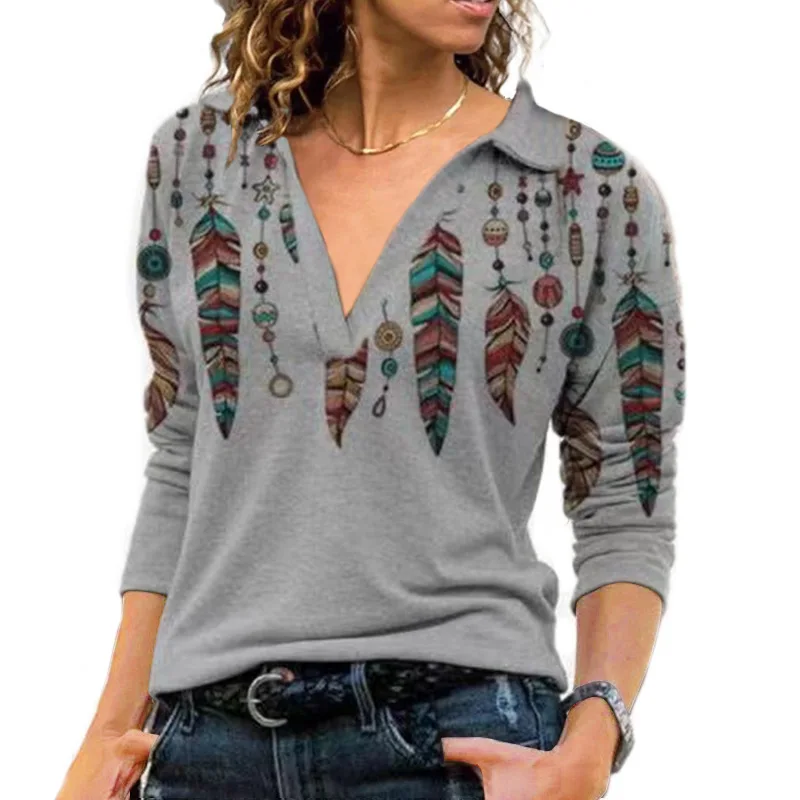 

2022 Autumn New Fashion Long-sleeved Turn-down Pullover Vintage Print Women Loose Blouses Ladies Office Shirt Casual Street Tops