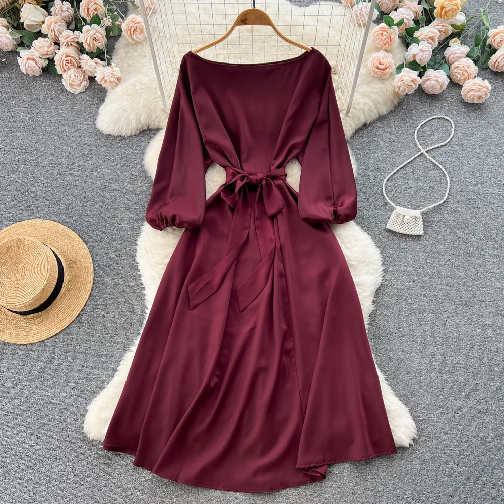 

Светильник платье с рукавами-фонариками в привычном стиле; Осеннее женское платье с галстуком на талии; Облегающая длинная юбка