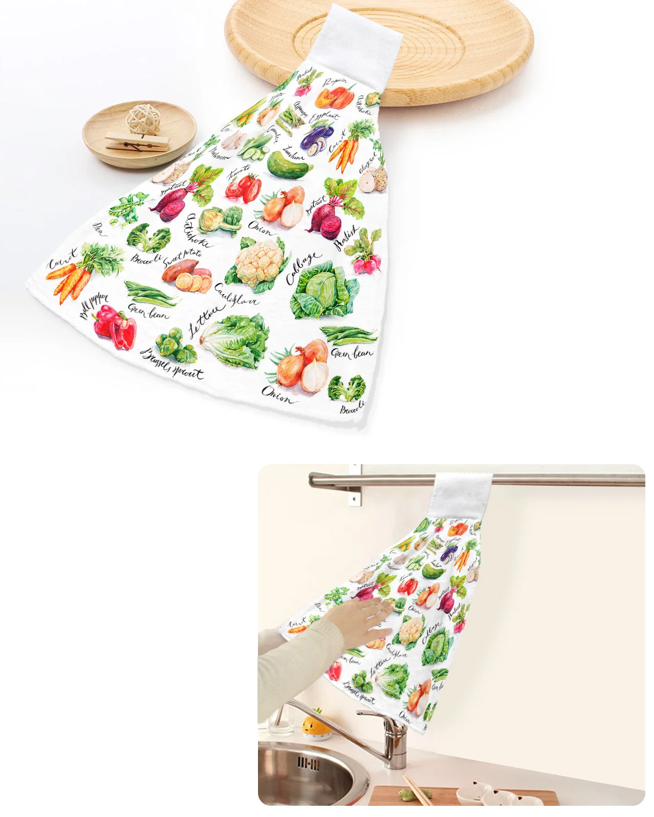 

Watercolor Vegetable Texture Hand Towels Home Kitchen Bathroom Hanging Dishcloths Loops Quick Dry Soft Absorbent Custom Towel