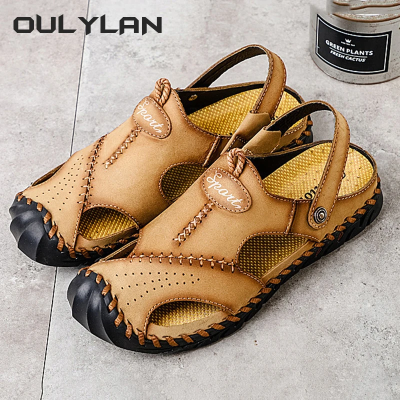 Сандалии мужские кожаные с перфорацией дышащая обувь для улицы пляжные