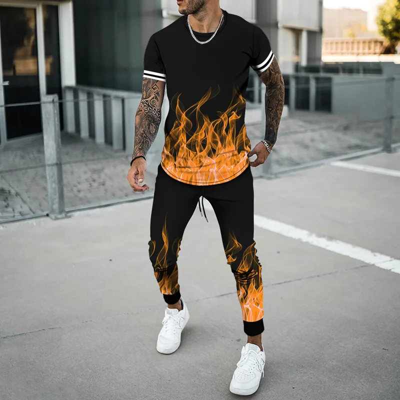 

Summer Tracksuit Men Flame Pattern T Shirt Set Trousers 2 Piece Tshirts Long Pants Oversized Casual Streetwear Harajuku Style