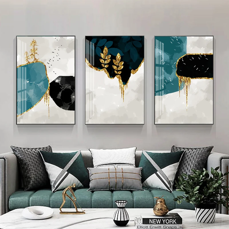 

Black Blue Ink Landscape Painting Gold Leaf Tree Abstract Art Canvas Print Modern Simple Wall Art Decor Picture for Office Home