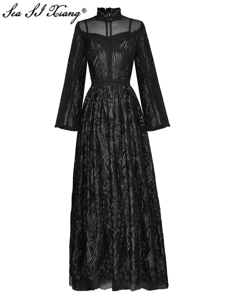 Seasixiang Designer Autumn Mesh Maxi Dress Women Stand Collar Flare Sleeve Flower Embroidery Vintage Party Floor-Length Dresses
