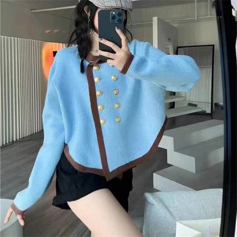 

DUOFAN Double Breasted Design Knitted Cardigan Women's Sweaters Short O Neck Long Sleeve Jumpers Lady Retro Autumn Winter Tops
