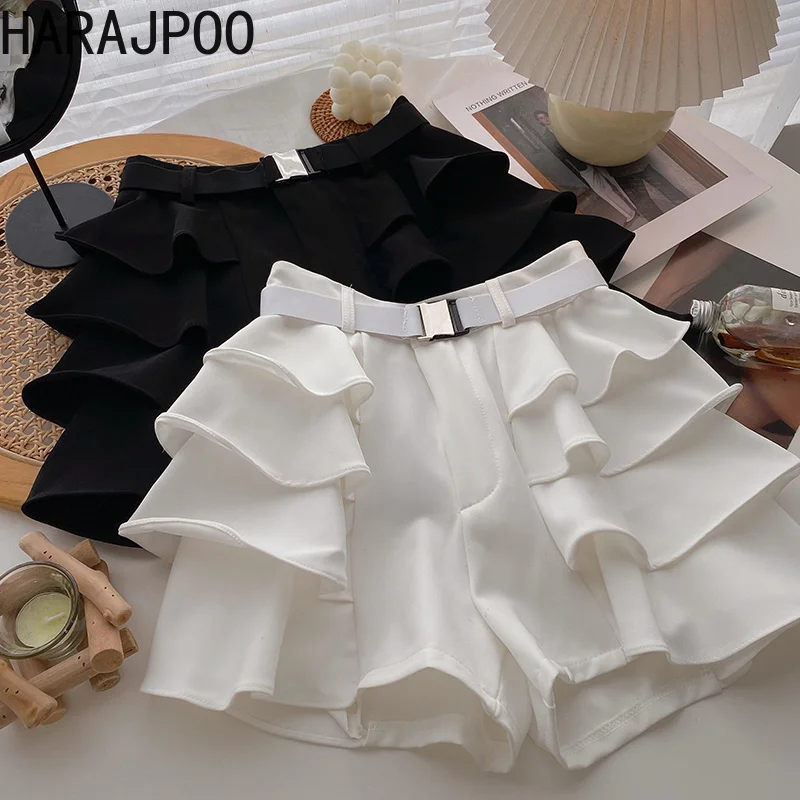 

Shorts Harajpoo Women Solid Layered Ruffled Belt Loose 2022 Spring Summer New Korean High Waisted Wide Leg Casual White Trousers