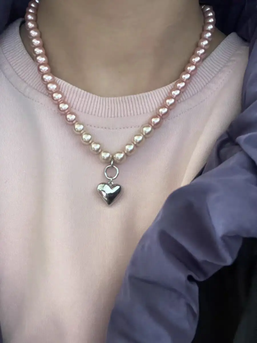 

Brass Vintage Faux Pearl Heart Pendant Necklace Women Jewelry Punk Designer Runway Rare Simply Gown Boho Japan Korean