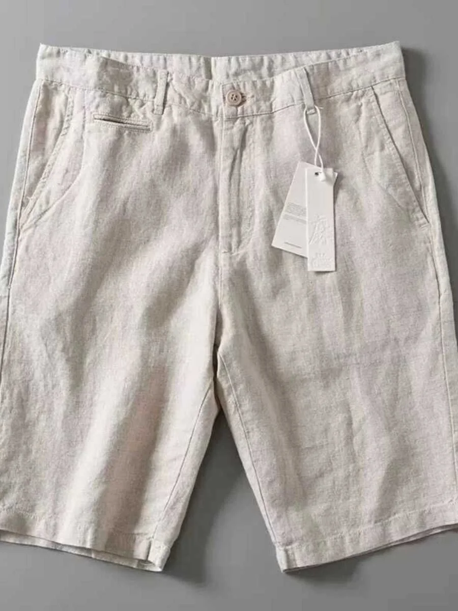 Summer Khaki Linen Shorts Men's Korean-Sle Loose Commuter Casual Straight Pants Solid Breathable Thin Cropped