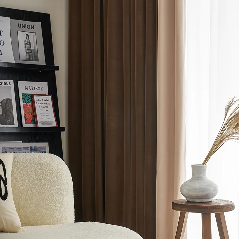 

Nordic Curtains for Living Dining Room Bedroom Custom Luxury Milk Tea Coffee Brown Stitching Flannel French Window Curtain Decor