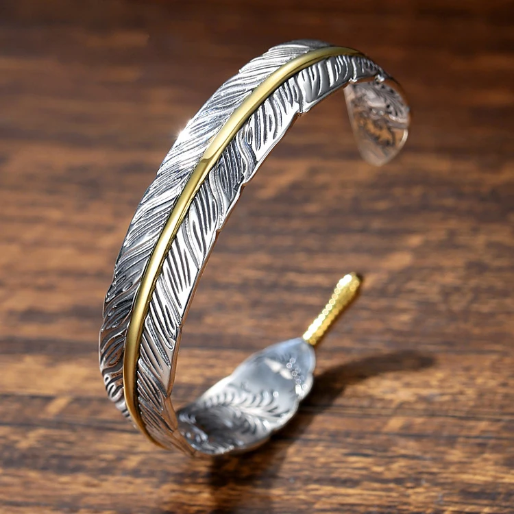 

DS Silver Color Tang grass pattern feather bracelet male trendy personality wild Takahashi Goro retro opening jewelry