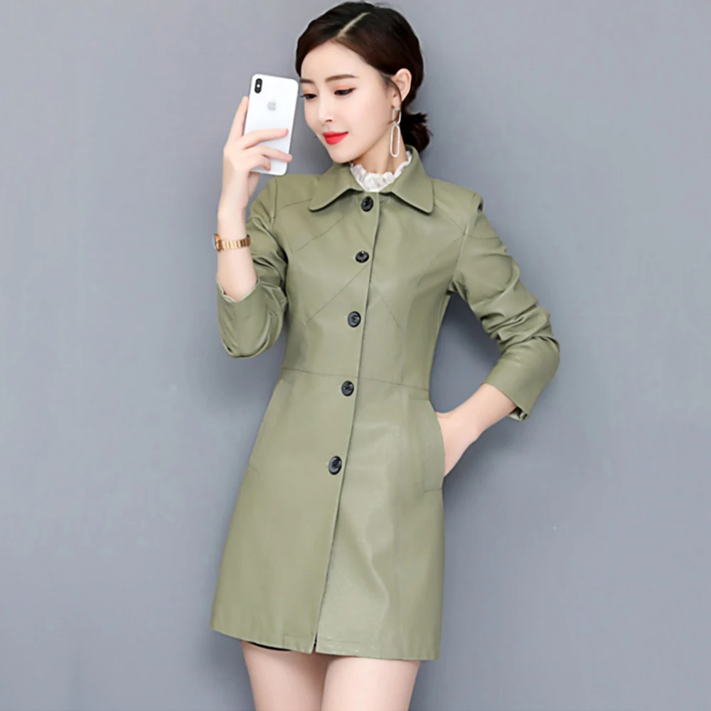 New Women Leather Trench Coat Spring Autumn Fashion Doll Collar Slim Waist Sheepskin Outerwear Mid-Long Split Leather Tops Coat