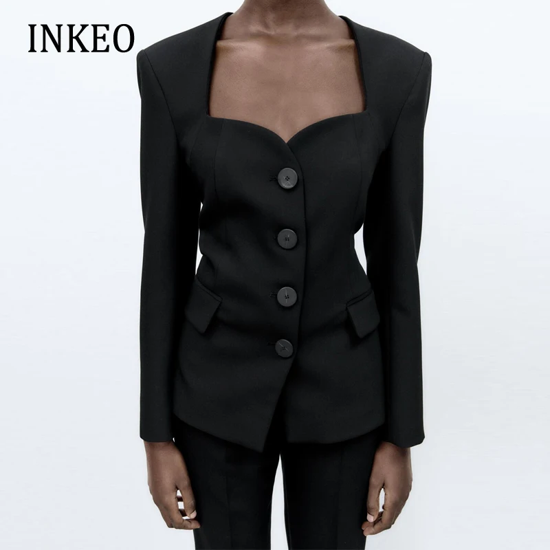 Elegant Slim Blazer jacket Women's Black 2023 Newest Sexy Female Sweetheart neckline Coat Office lady suit Korean INKEO 2O361