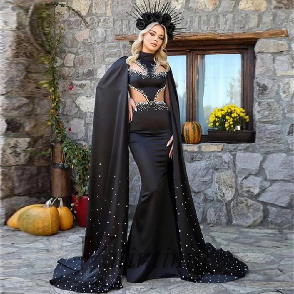 

Black Trumpet Beading Pageant Pearls Sexy Valentine's Day Evening Dress For Women Cap Made To Order Robe De Stretch Formal Party