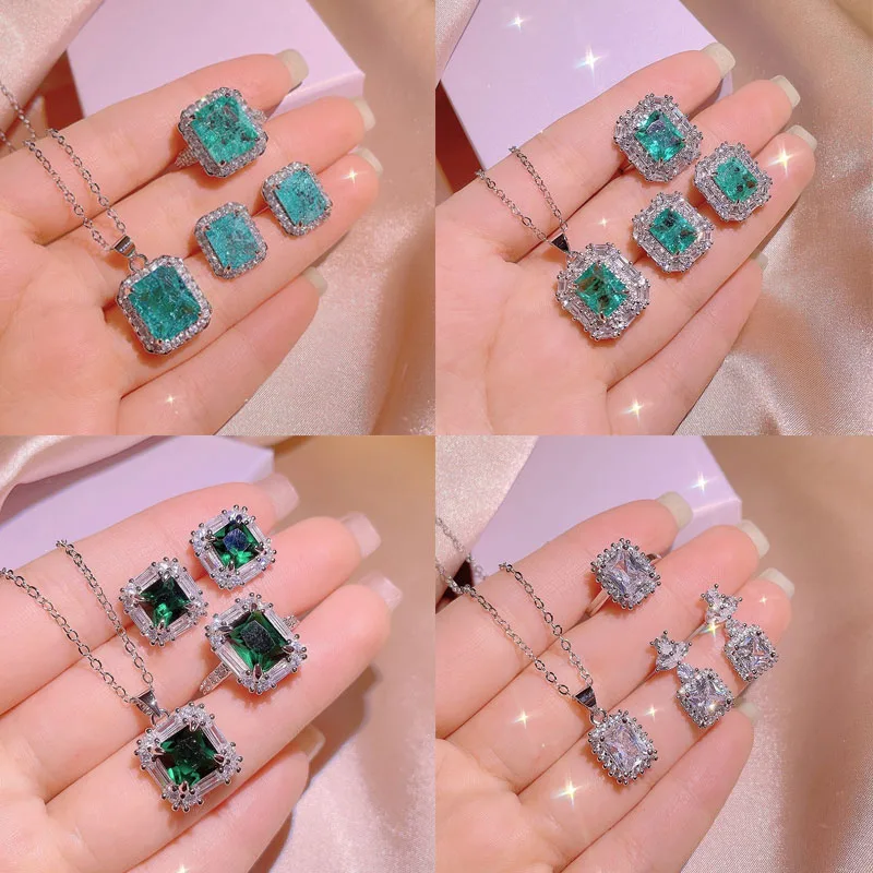 

JUNZI Fashion Exquisite Square Zirconia Jewelry Sets for Women Sparkling Blue CZ Crystal Adjustable Ring Necklace Earring Set