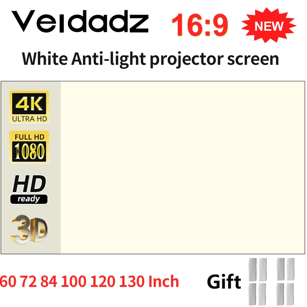 VEIDADZ Projector Screen 100 120 130 inch White Grid Anti-Light 160 ° Viewing Angle Projection Screen for Indoor Outdoor Movie
