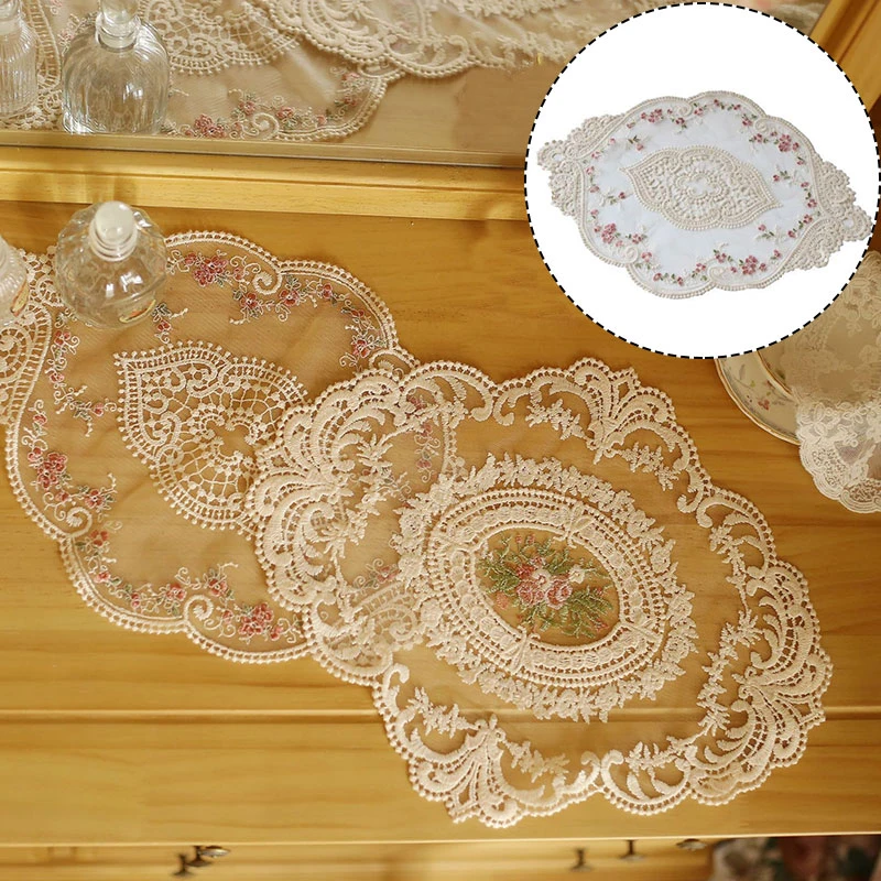 

European Oval Embroidered Lace Fabric Coaster Transparent Coffee Placemat Table Mat Kitchen Cover Christmas Wedding Decoration
