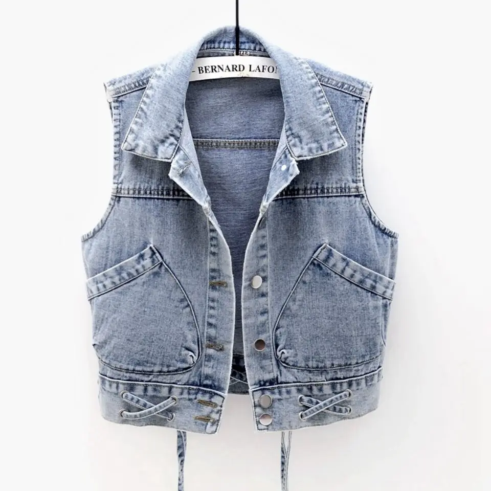 

Short Denim Women Jackets Vest Summer New Design 2022 Turn-Down Collar Sleeveless Drawstring Female Outwear Coats Tops