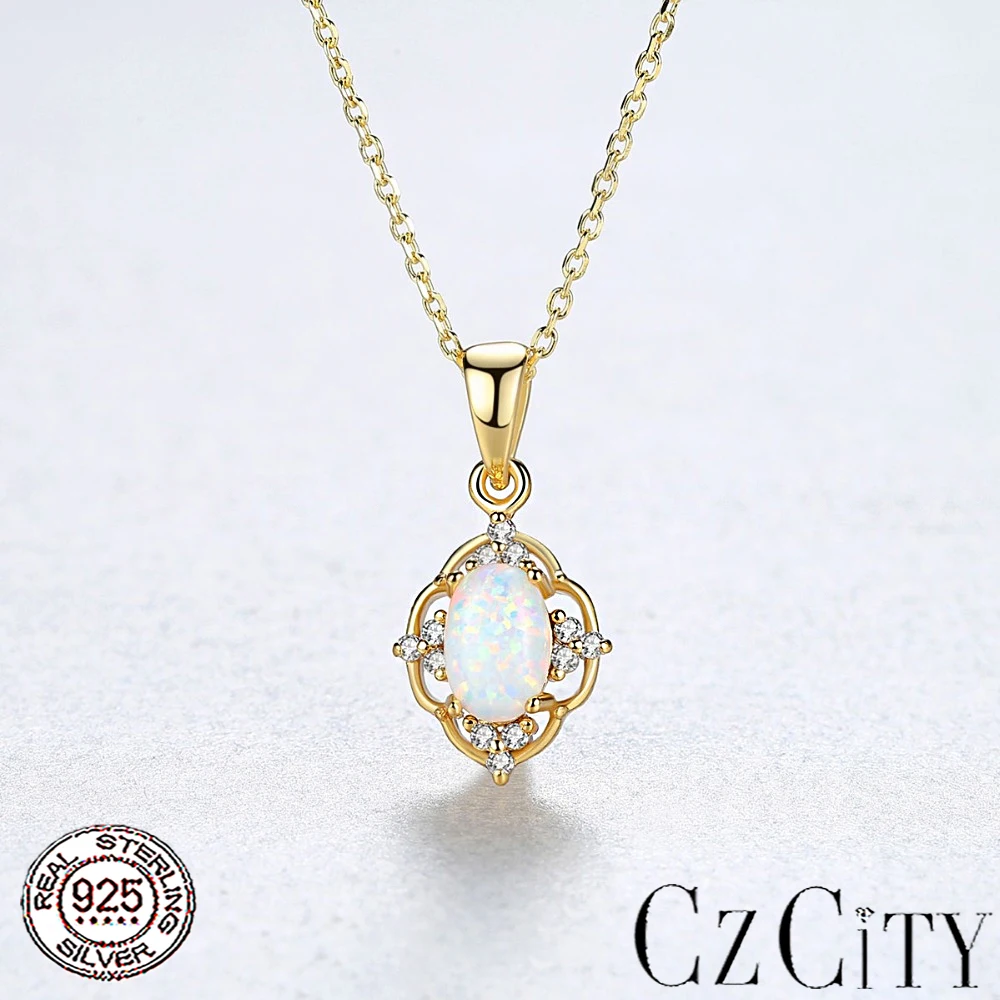 

CZCITY Real 925 Silver Vintage Hollow Pattern Opal Pandent Necklace for Women Elegant Female Wedding Gemstone Necklace Jewellery