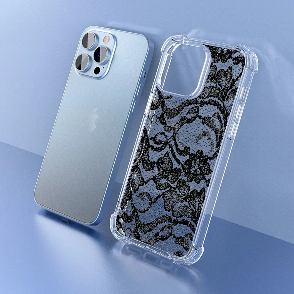 Фото Чехол для телефона с черным кружевом для iPhone 15 14 13 12 11 Pro X XS XR Max 7 8 Plus SE 2 3 Mini, Мягкий Прозрачный ударопрочный чехол из ТПУ №5